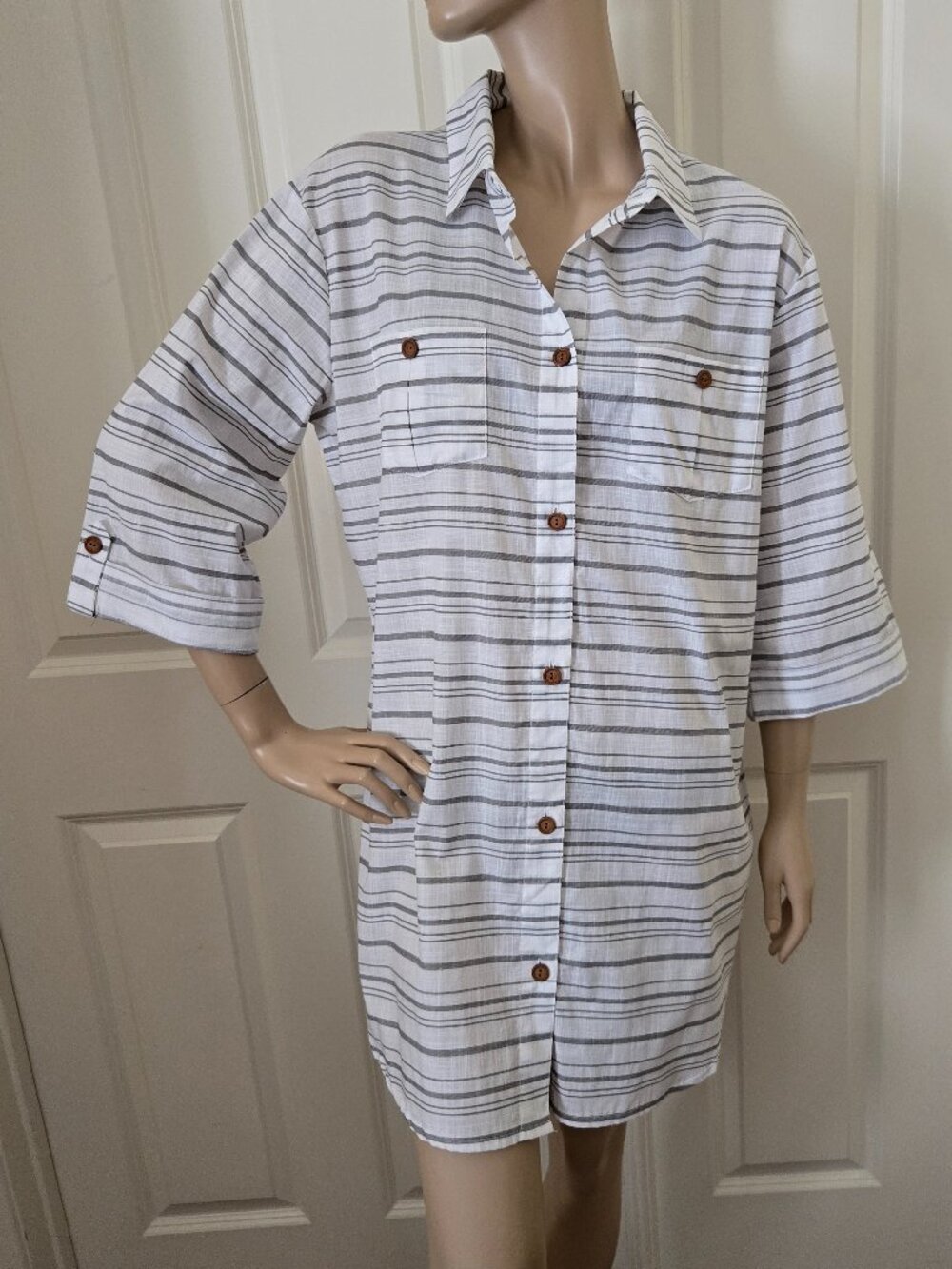 Dotti Shirt Dress Swim Cover Up Gray & White Stripe SZ L